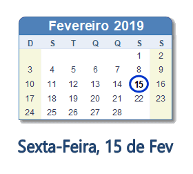 15 Fevereiro 2019 calendario
