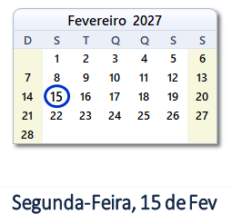15 Fevereiro 2027 calendario