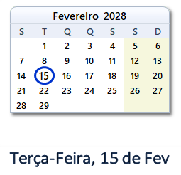 15 Fevereiro 2028 calendario