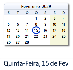 15 Fevereiro 2029 calendario