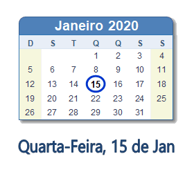 15 Janeiro 2020 calendario