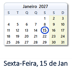 15 Janeiro 2027 calendario