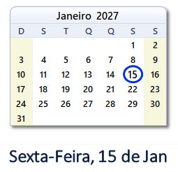 15 Janeiro 2027 calendario