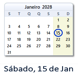 15 Janeiro 2028 calendario