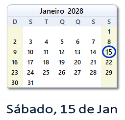 15 Janeiro 2028 calendario
