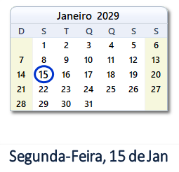 15 Janeiro 2029 calendario