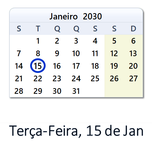 15 de Jan, 2030 Calendário com Feriados e Cont. Regressiva - POR
