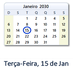 15 Janeiro 2030 calendario
