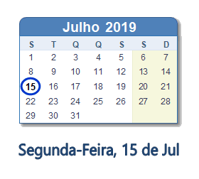 15 Julho 2019 calendario