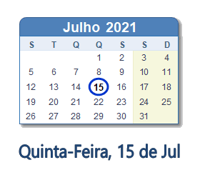 15 Julho 2021 calendario
