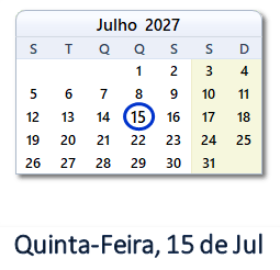 15 Julho 2027 calendario