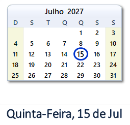 15 Julho 2027 calendario