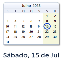 15 Julho 2028 calendario