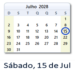15 Julho 2028 calendario