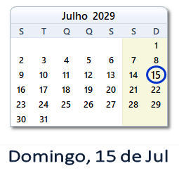 15 Julho 2029 calendario