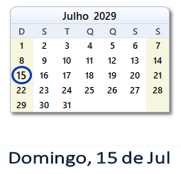 15 Julho 2029 calendario