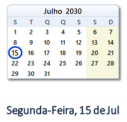 15 Julho 2030 calendario