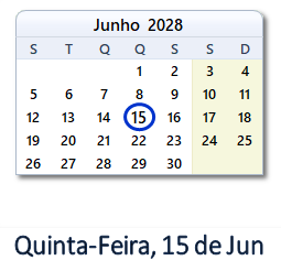 15 Junho 2028 calendario