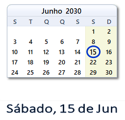 15 Junho 2030 calendario