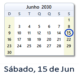 15 Junho 2030 calendario