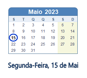 15 Maio 2023 calendario