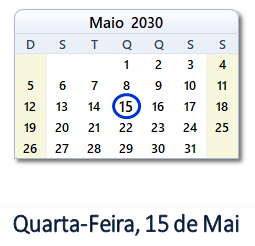 15 Maio 2030 calendario