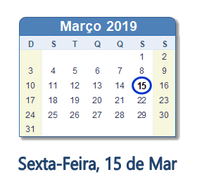 15 Março 2019 calendario