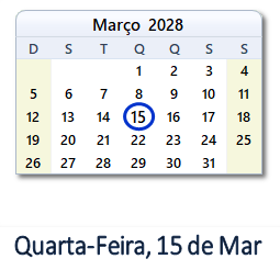 15 Março 2028 calendario
