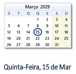 15 Março 2029 calendario