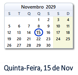 15 Novembro 2029 calendario