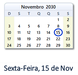15 Novembro 2030 calendario