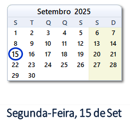 15 Setembro 2025 calendario