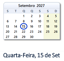 15 Setembro 2027 calendario