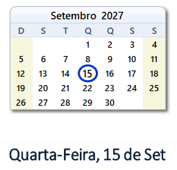 15 Setembro 2027 calendario