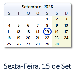 15 Setembro 2028 calendario
