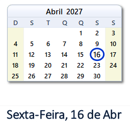 16 Abril 2027 calendario