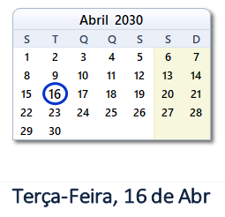 16 Abril 2030 calendario