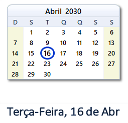 16 Abril 2030 calendario