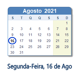 16 Agosto 2021 calendario