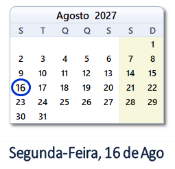 16 Agosto 2027 calendario
