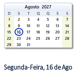 16 Agosto 2027 calendario