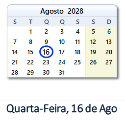 16 Agosto 2028 calendario