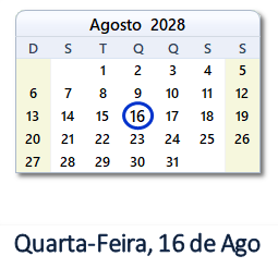 16 Agosto 2028 calendario