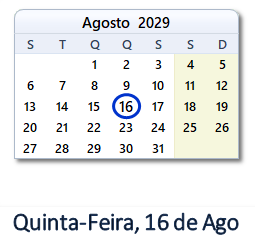 16 Agosto 2029 calendario