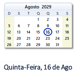 16 Agosto 2029 calendario