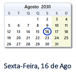 16 Agosto 2030 calendario