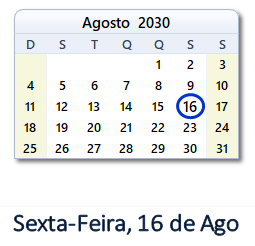 16 Agosto 2030 calendario