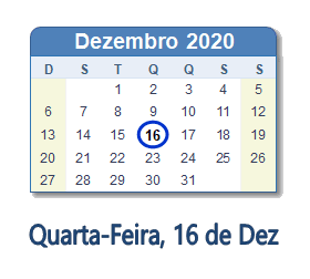 16 Dezembro 2020 calendario