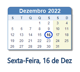 16 Dezembro 2022 calendario