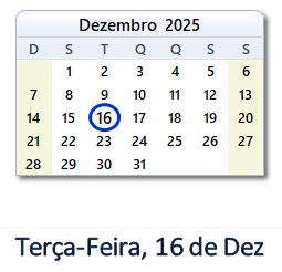 16 Dezembro 2025 calendario
